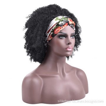 14Inch Soft Short Cosplay Wigs Hair For Black Women Afro Kinky Curly Headband Wig With Pre-attached Scarf Synthetic Wigs